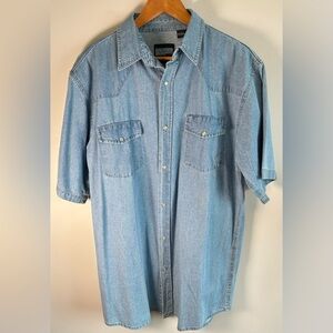 Vintage Sandy River Pearl Snap Chambray Shirt LT Blue Button Up Short Sleeve EUC